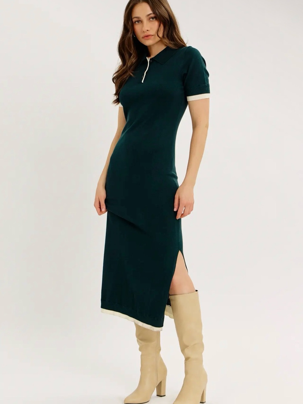 Dark Green Knit Midi Sweater Dress Polo Collar Short Sleeve Side Slit NWT
